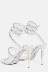 Crystal Chandelier Embellished Faux Satin Wraparound Self-Tie Slingback Sandals - White