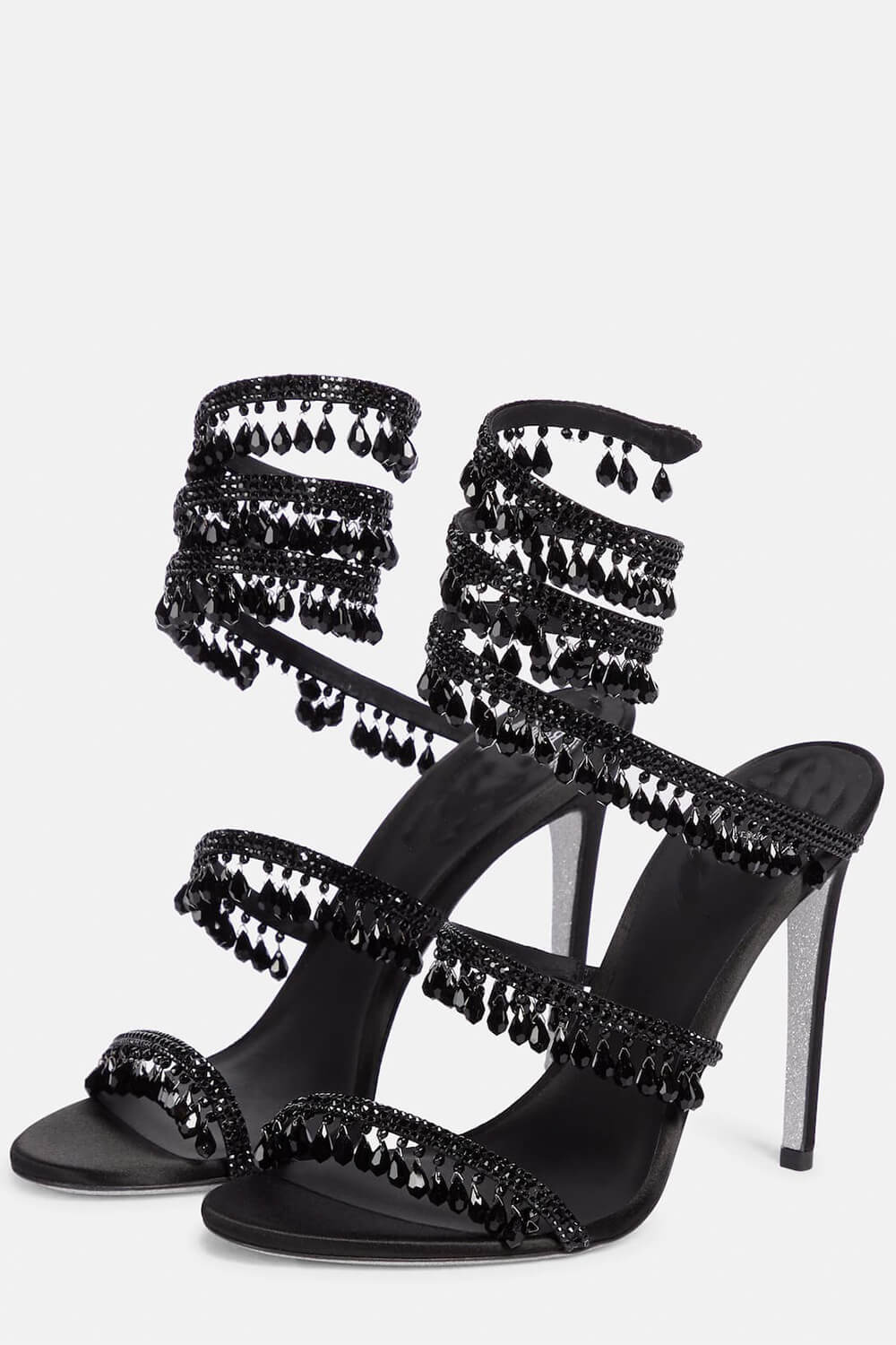 Crystal Chandelier Embellished Faux Satin Wraparound Self-Tie Slingback Sandals - Black