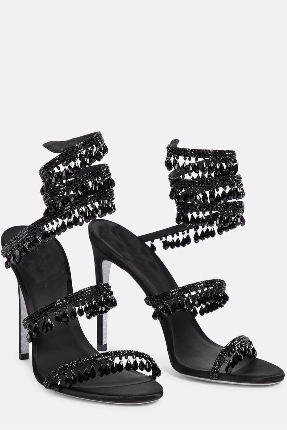 Crystal Chandelier Embellished Faux Satin Wraparound Self-Tie Slingback Sandals - Black