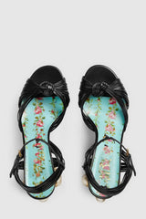 Knotted Strap Platform Sandals With Faux Pearls - Black