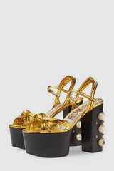 Knotted Strap Platform Sandals With Faux Pearls - Gold