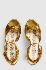 Knotted Strap Platform Sandals With Faux Pearls - Gold
