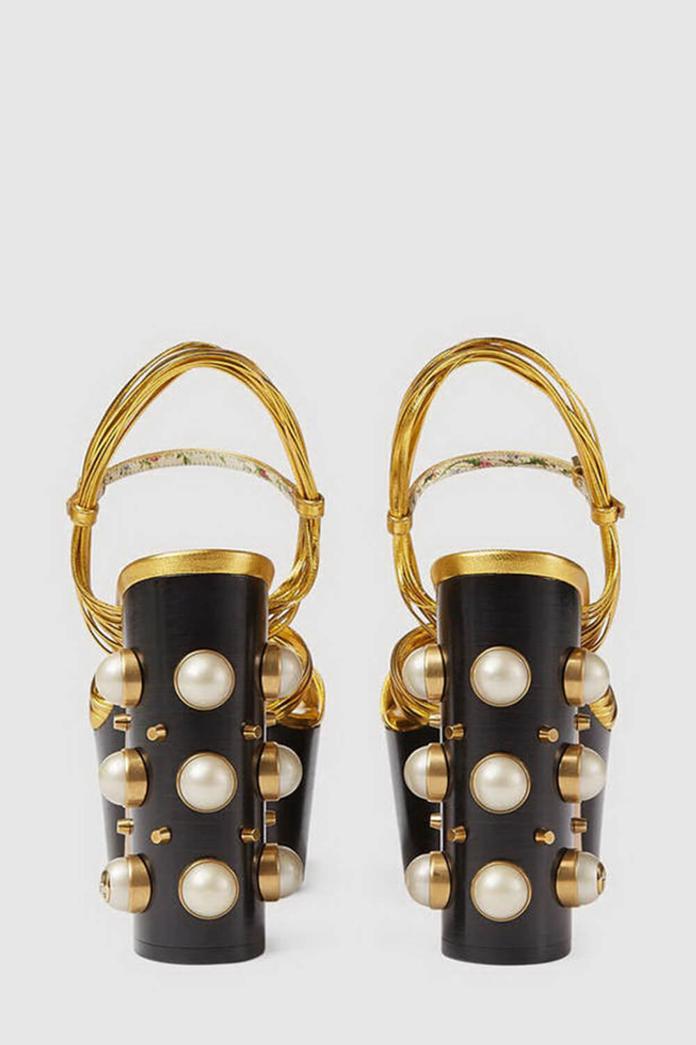 Knotted Strap Platform Sandals With Faux Pearls - Gold