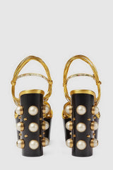 Knotted Strap Platform Sandals With Faux Pearls - Gold