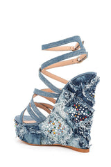 Denim Gem-Embellished Strappy Peep Toe Lace Up High Wedge Sandals