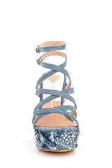 Denim Gem-Embellished Strappy Peep Toe Lace Up High Wedge Sandals