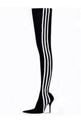 Striped Heeled Thigh High Sock Boots - Black