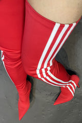 Striped Heeled Thigh High Sock Boots - Red