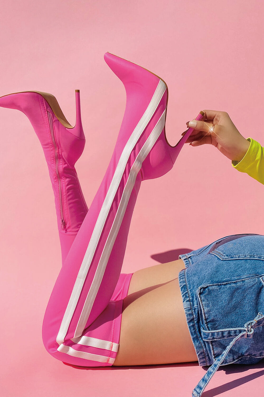 Striped Heeled Thigh High Sock Boots - Hot Pink
