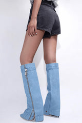 Wrapped Denim Padlock Detail Folded Pointed Stiletto Heel Knee High Long Chunky Biker Boots - Light Blue