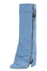 Wrapped Denim Padlock Detail Folded Pointed Stiletto Heel Knee High Long Chunky Biker Boots - Light Blue