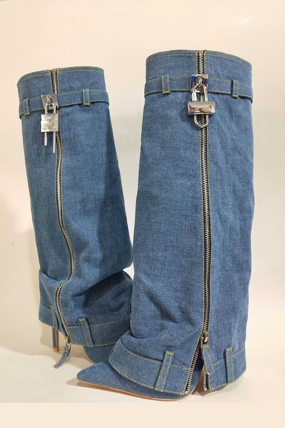 Wrapped Denim Padlock Detail Folded Pointed Stiletto Heel Knee High Long Chunky Biker Boots - Dark Blue