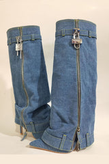 Wrapped Denim Padlock Detail Folded Pointed Stiletto Heel Knee High Long Chunky Biker Boots - Dark Blue