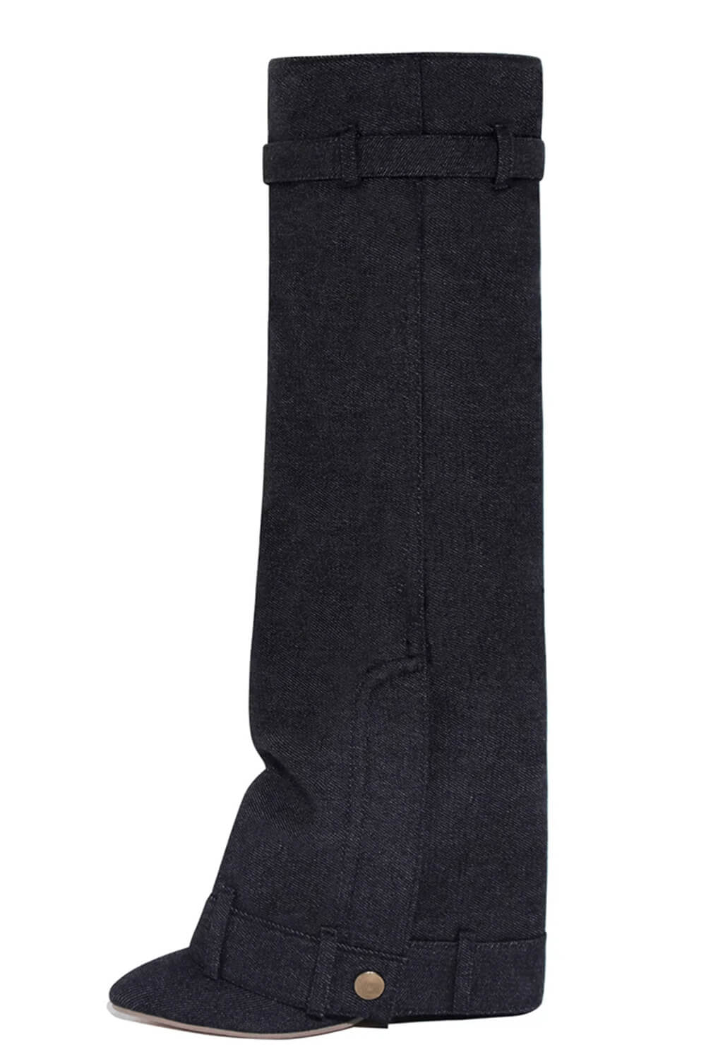 Wrapped Denim Padlock Detail Folded Pointed Stiletto Heel Knee High Long Chunky Biker Boots - Black