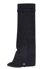 Wrapped Denim Padlock Detail Folded Pointed Stiletto Heel Knee High Long Chunky Biker Boots - Black