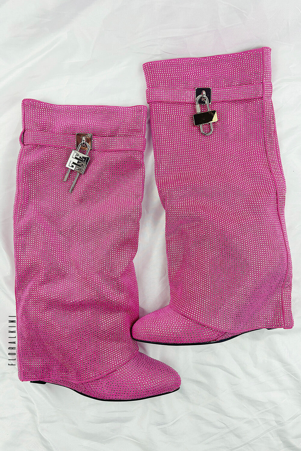 Gem Embellished Diamante Padlock Detail Folded Biker Knee High Boots - Pink