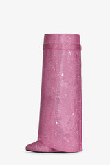 Gem Embellished Diamante Padlock Detail Folded Biker Knee High Boots - Pink