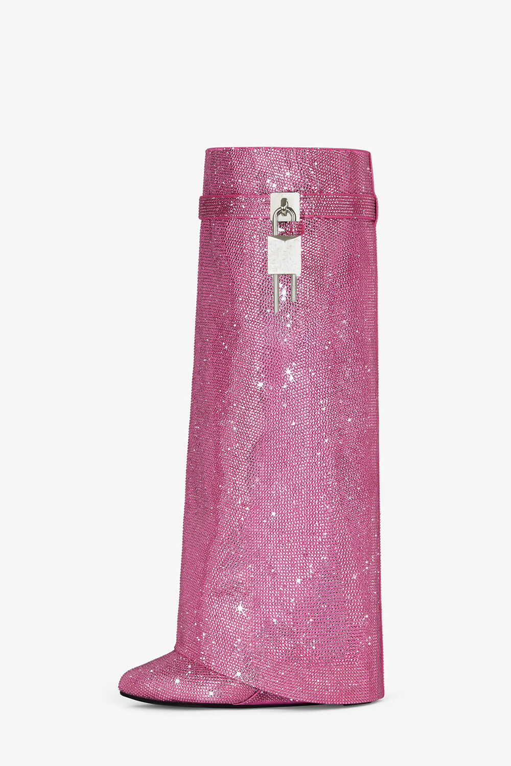 Gem Embellished Diamante Padlock Detail Folded Biker Knee High Boots - Pink