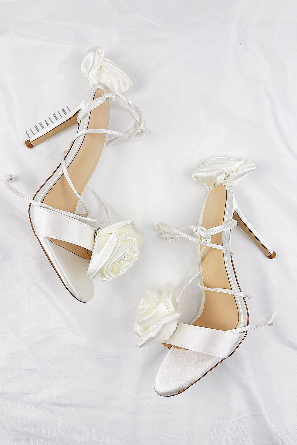 Flower Embellished Satin Lace Up Open Toe Stiletto Heels Sandals - Ivory