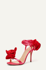 Flower Embellished Satin Lace Up Open Toe Stiletto Heels Sandals - Red