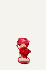 Flower Embellished Satin Lace Up Open Toe Stiletto Heels Sandals - Red