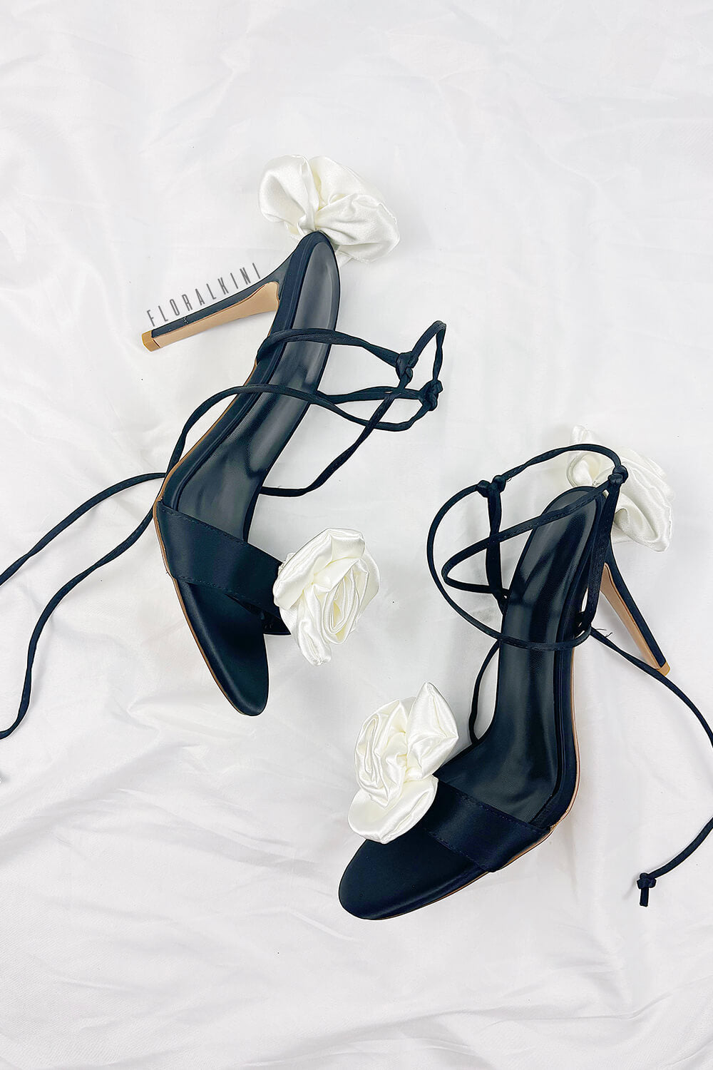 Ivory And Black Flower Embellished Satin Lace Up Open Toe Stiletto Heels Sandals