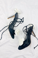 Ivory And Black Flower Embellished Satin Lace Up Open Toe Stiletto Heels Sandals