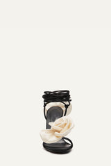 Ivory And Black Flower Embellished Satin Lace Up Open Toe Stiletto Heels Sandals