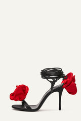 Red And Black Flower Embellished Satin Lace Up Open Toe Stiletto Heels Sandals - Ivory/Red