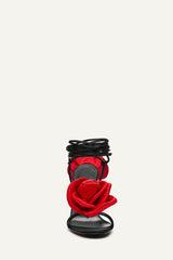 Red And Black Flower Embellished Satin Lace Up Open Toe Stiletto Heels Sandals - Ivory/Red