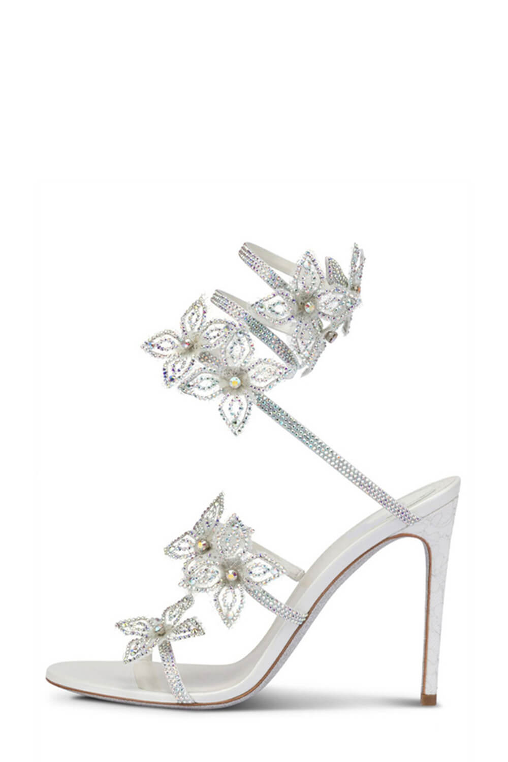 Crystal-Embellished Flower Snake Wrap Stiletto Sandals - White