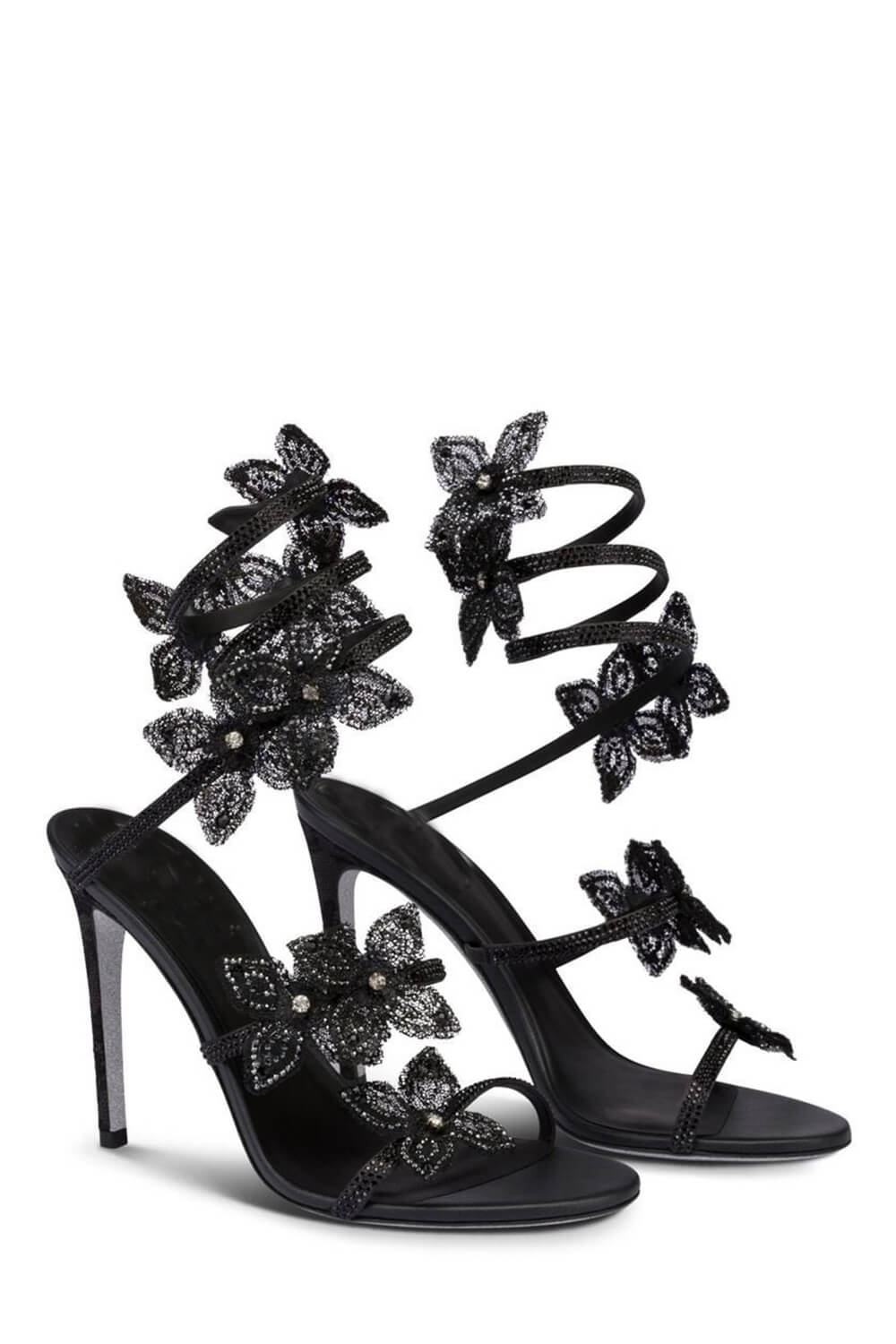Crystal-Embellished Flower Snake Wrap Stiletto Sandals - Black