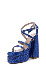 Blue Crystal-Embellished Strappy Diamante Buckle Square Toe Statement Platform Block Heel