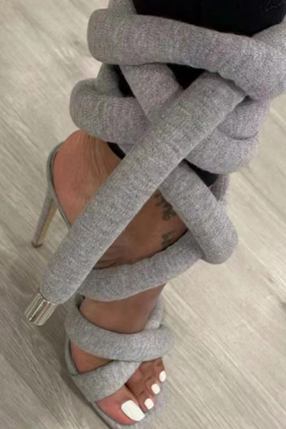 Grey Jersey Knit Lace Up Square Toe Ankle Stiletto Heels