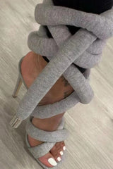 Grey Jersey Knit Lace Up Square Toe Ankle Stiletto Heels