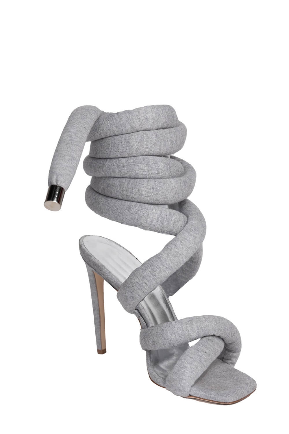 Grey Jersey Knit Lace Up Square Toe Ankle Stiletto Heels