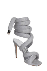 Grey Jersey Knit Lace Up Square Toe Ankle Stiletto Heels