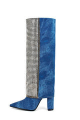 Denim Folded Rhinestone Knee High Pointed Toe Block Heel Long Boots
