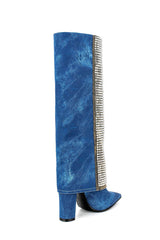 Denim Folded Rhinestone Knee High Pointed Toe Block Heel Long Boots