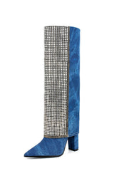 Denim Folded Rhinestone Knee High Pointed Toe Block Heel Long Boots