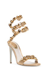 Rhinestones-Embellished Snake Wrap Stiletto Sandals - Gold