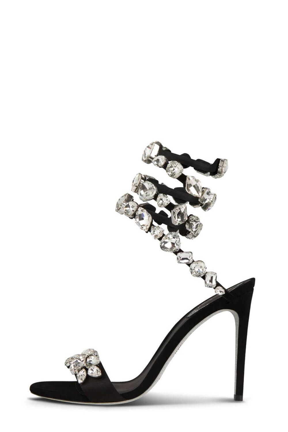 Rhinestones-Embellished Snake Wrap Stiletto Sandals - Black