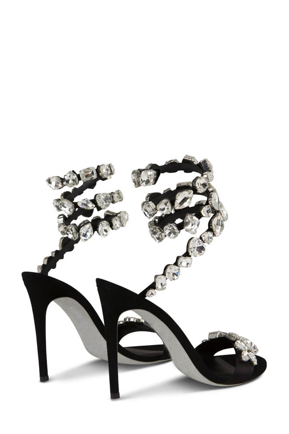 Rhinestones-Embellished Snake Wrap Stiletto Sandals - Black