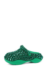 Rhinestone-Embellished Rubber Sling Back Slip On Platform Clogs - Green