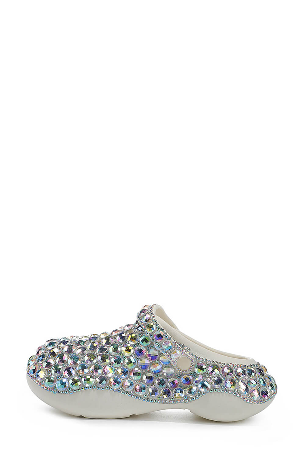 Rhinestone-Embellished Rubber Sling Back Slip On Platform Clogs - White