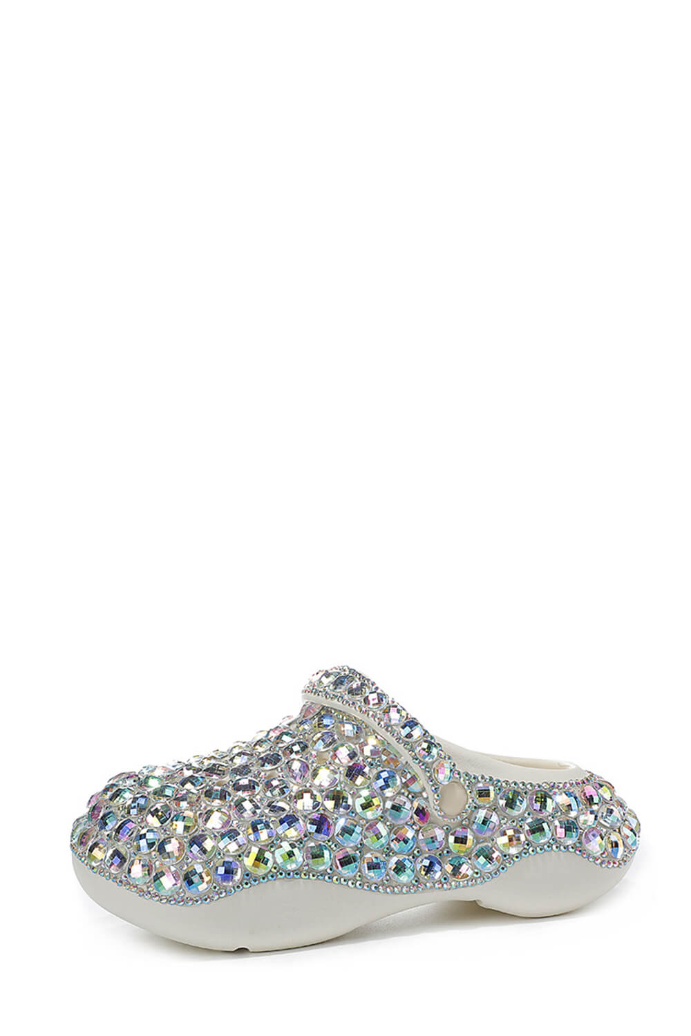 Rhinestone-Embellished Rubber Sling Back Slip On Platform Clogs - White
