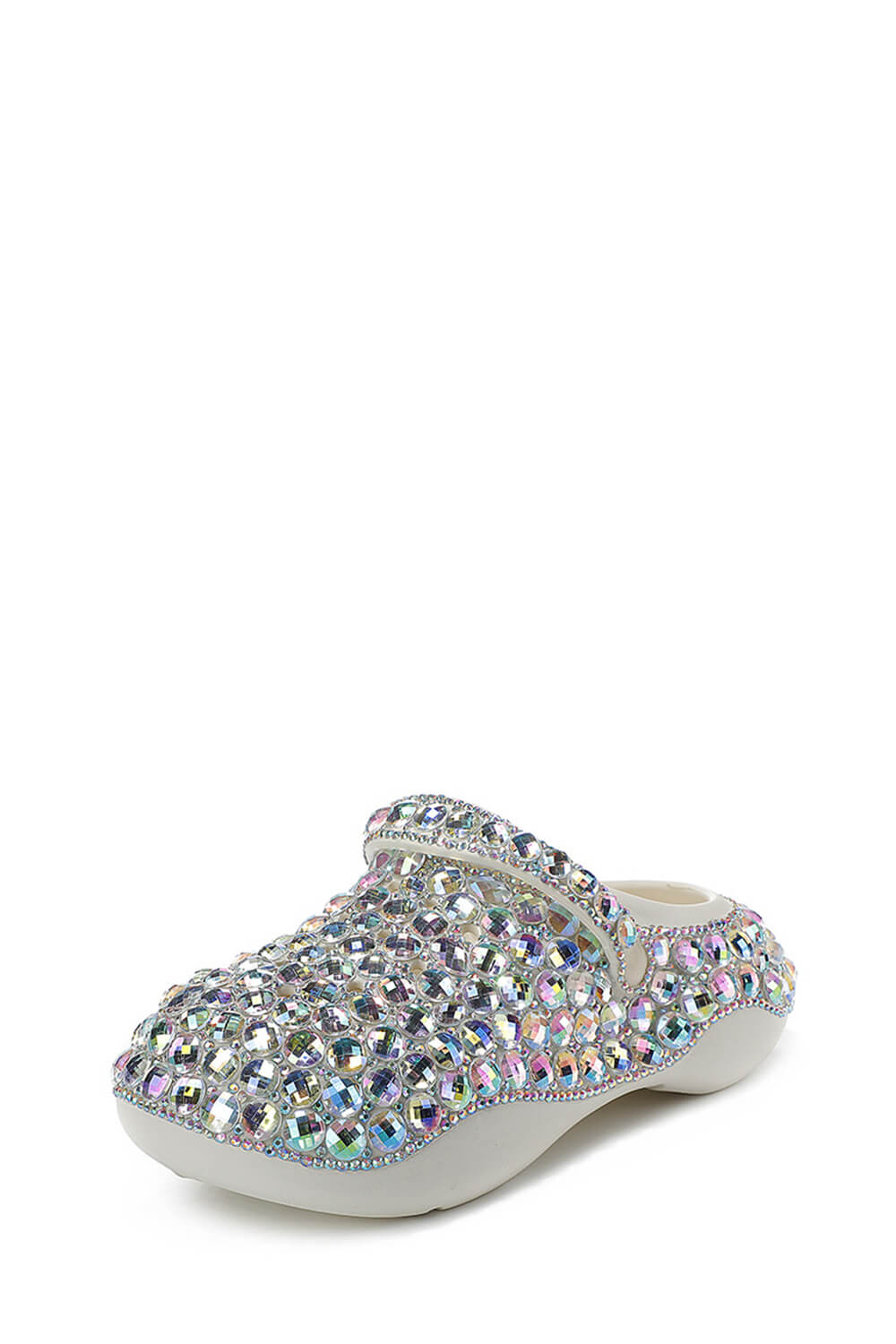 Rhinestone-Embellished Rubber Sling Back Slip On Platform Clogs - White