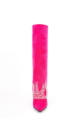 Suede Folded Crystal Knee High Pointed Toe Block Heel Long Boots - Pink