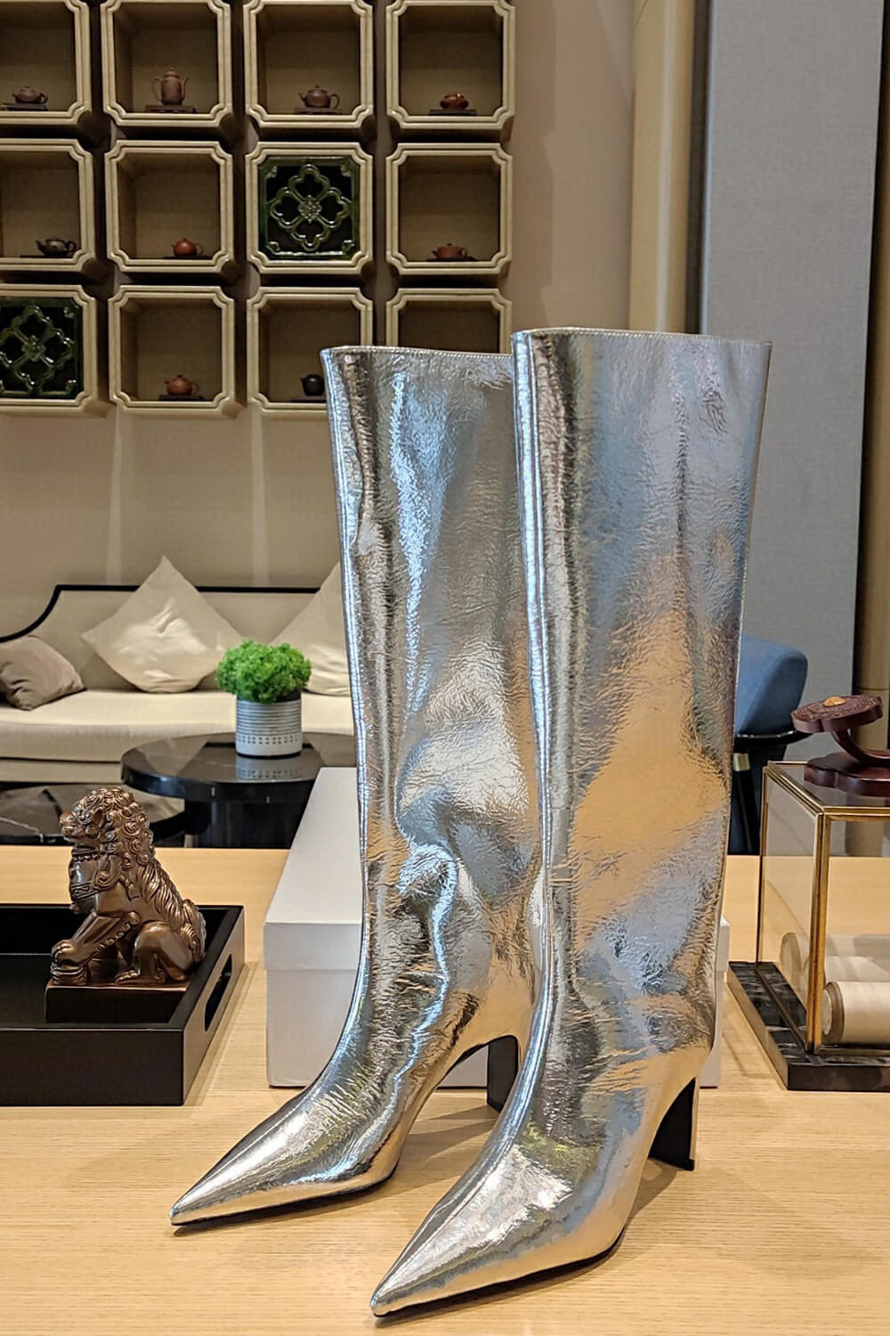 Metallic Faux Leather Pointed Toe Wide Fit Knee High Block Heel Boots - Silver