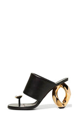 Diamond Faux Leather Square Toe Chain Heel Sandal - Black